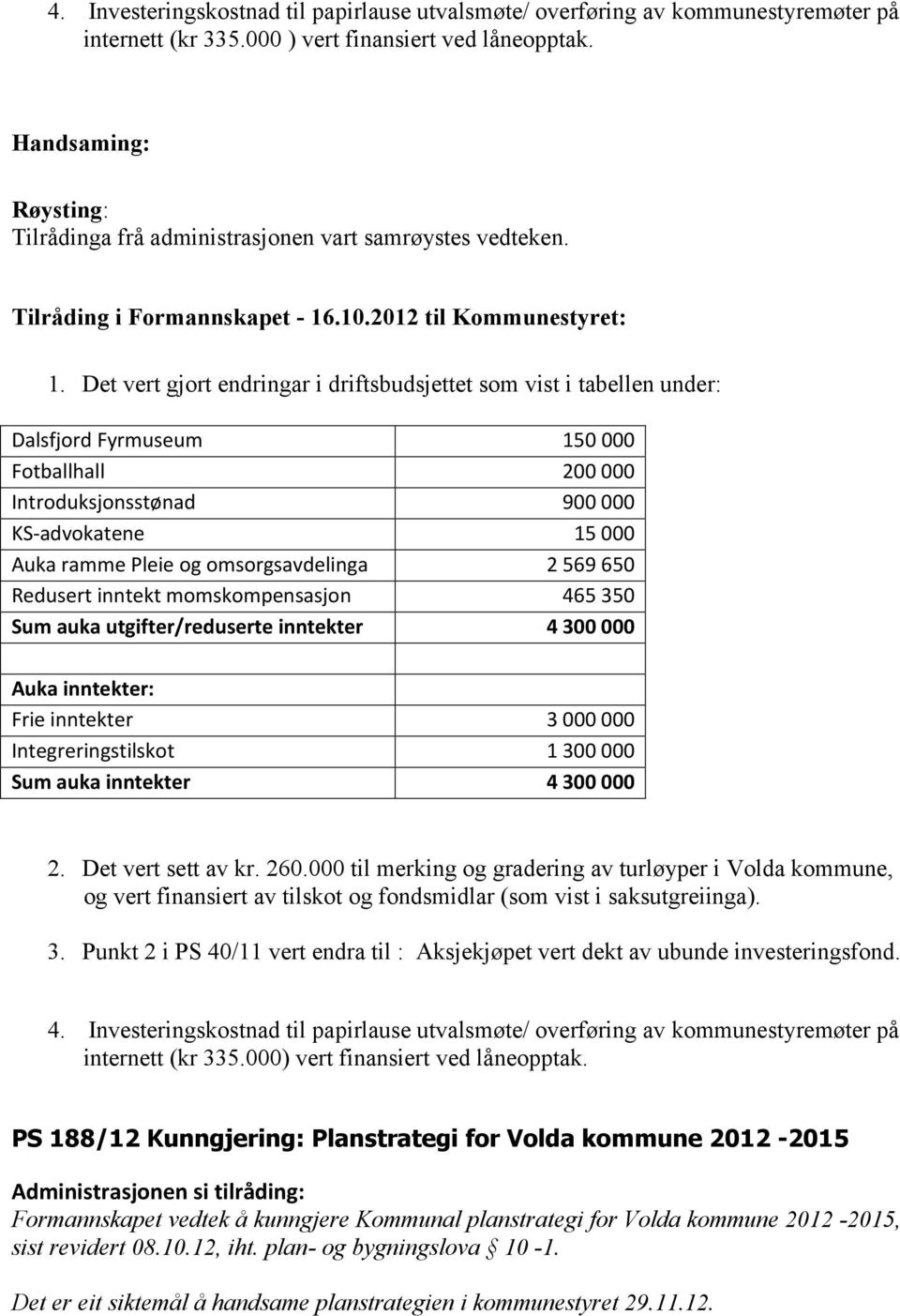 Det vert gjort endringar i driftsbudsjettet som vist i tabellen under: Dalsfjord Fyrmuseum 150 000 Fotballhall 200 000 Introduksjonsstønad 900 000 KS-advokatene 15 000 Auka ramme Pleie og