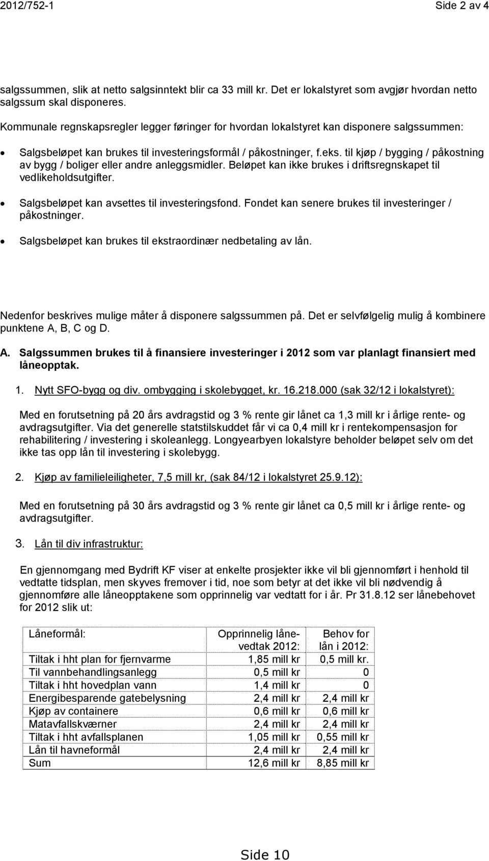 til kjøp / bygging / påkostning av bygg / boliger eller andre anleggsmidler. Beløpet kan ikke brukes i driftsregnskapet til vedlikeholdsutgifter. Salgsbeløpet kan avsettes til investeringsfond.