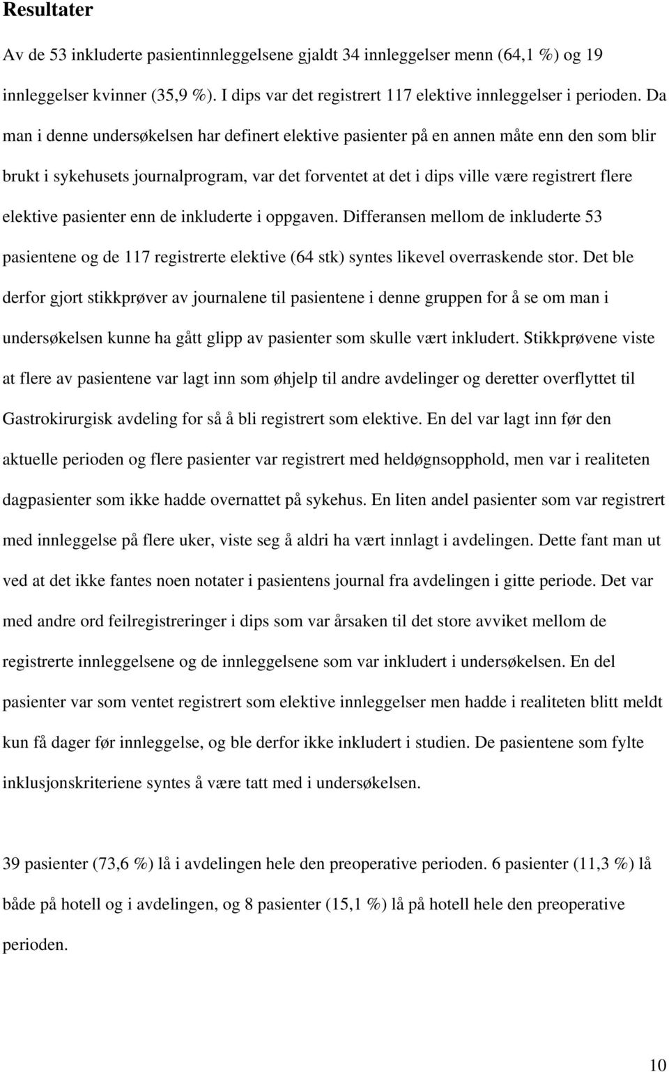 pasienter enn de inkluderte i oppgaven. Differansen mellom de inkluderte 53 pasientene og de 117 registrerte elektive (64 stk) syntes likevel overraskende stor.