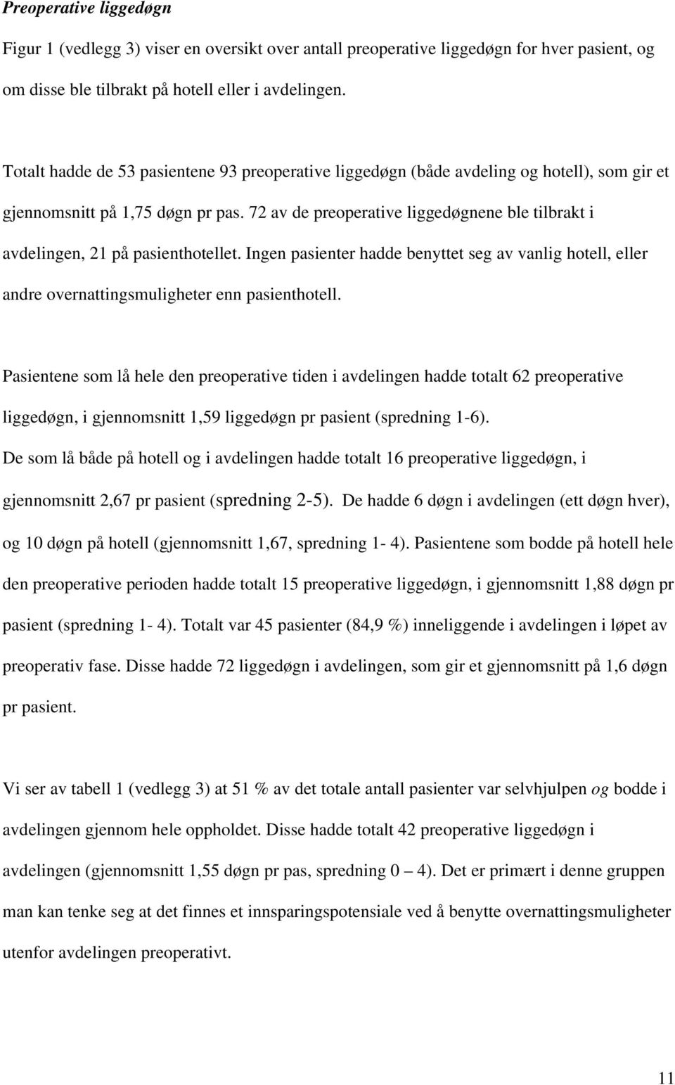 72 av de preoperative liggedøgnene ble tilbrakt i avdelingen, 21 på pasienthotellet. Ingen pasienter hadde benyttet seg av vanlig hotell, eller andre overnattingsmuligheter enn pasienthotell.
