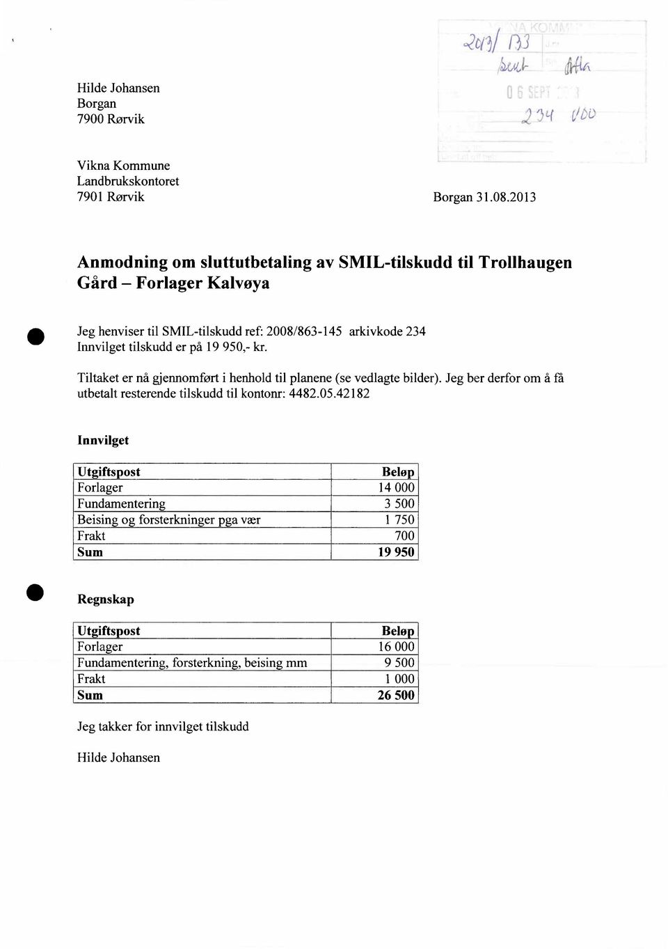 19 950,- kr. Tiltaket er nå gjennomført i henhold til planene (se vedlagte bilder). Jeg ber derfor om å få utbetalt resterende tilskudd til kontonr: 4482.05.