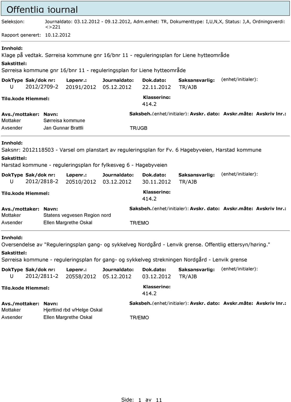 /mottaker: Navn: Saksbeh. Avskr. dato: Avskr.måte: Avskriv lnr.: Mottaker Sørreisa kommune Jan Gunnar Brattli Saksnr: 2012118503 - Varsel om planstart av reguleringsplan for Fv.