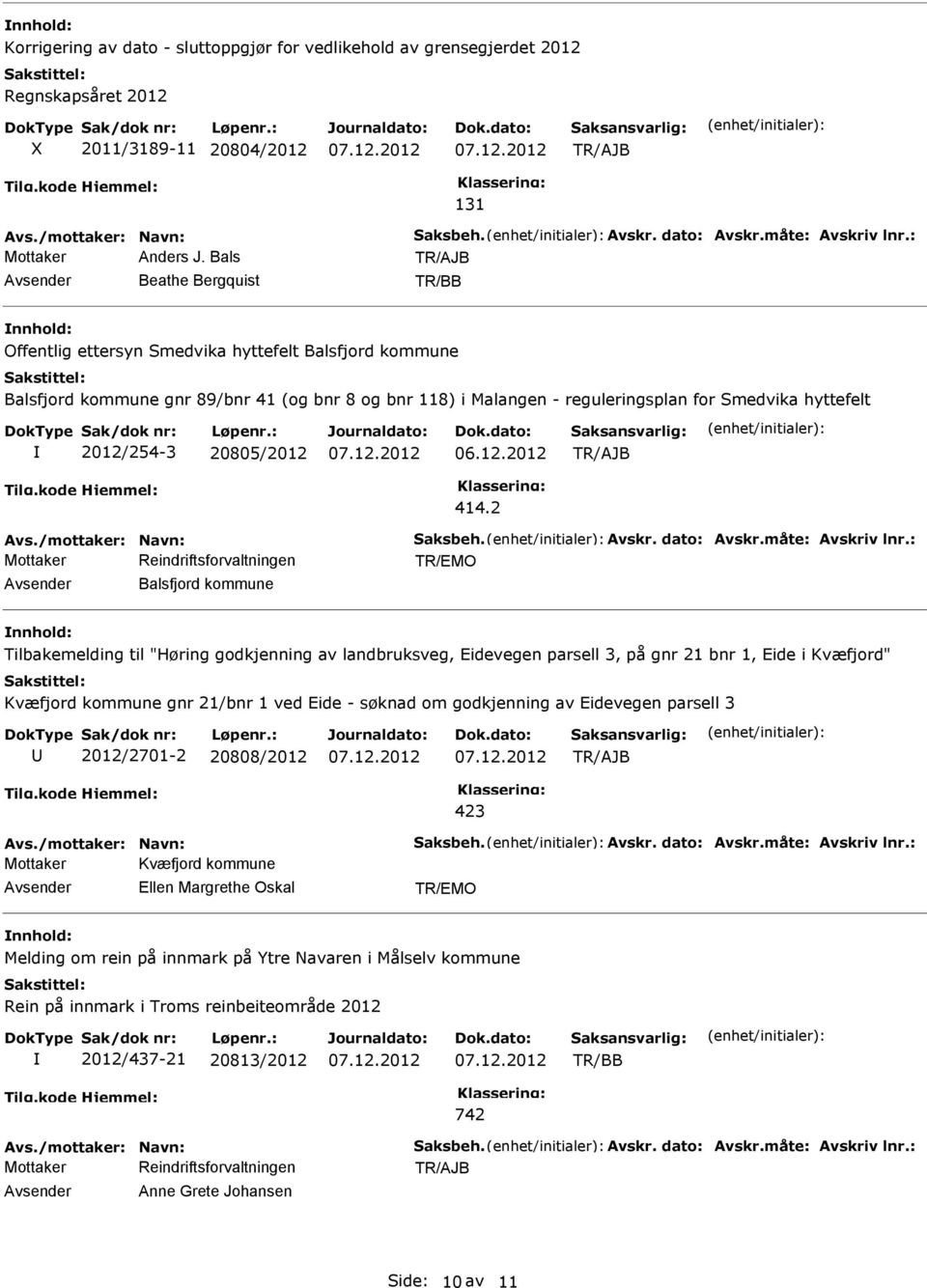 Bals Beathe Bergquist Offentlig ettersyn Smedvika hyttefelt Balsfjord kommune Balsfjord kommune gnr 89/bnr 41 (og bnr 8 og bnr 118) i Malangen - reguleringsplan for Smedvika hyttefelt 2012/254-3