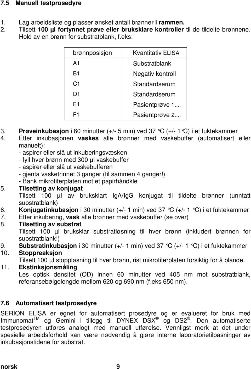 doc @ 34169 @ 2 7.5 Manuell testprosedyre 1. Lag arbeidsliste og plasser ønsket antall brønner i rammen. 2. Tilsett 100 µl fortynnet prøve eller bruksklare kontroller til de tildelte brønnene.