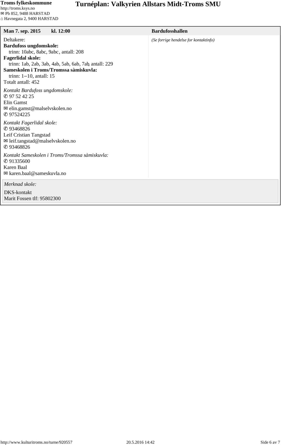 Troms/Tromssa sàmiskuvla: trinn: 1 10, antall: 15 Totalt antall: 452 Kontakt Bardufoss ungdomskole: 97 52 42 25 Elin Gamst elin.gamst@malselvskolen.