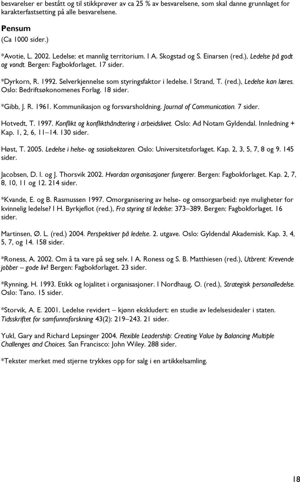 I Strand, T. (red.), Ledelse kan læres. Oslo: Bedriftsøkonomenes Forlag. 18 sider. *Gibb, J. R. 1961. Kommunikasjon og forsvarsholdning. Journal of Communication. 7 sider. Hotvedt, T. 1997.