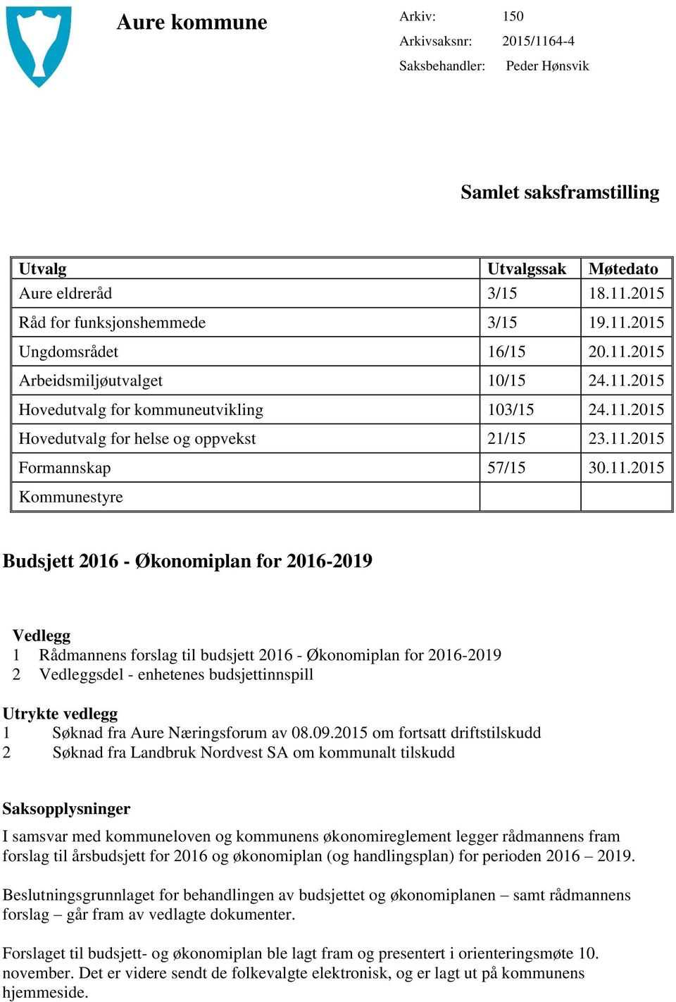 2016 - Økonomiplan for 2016-2019 Vedlegg 1 Rådmannens forslag til budsjett 2016 - Økonomiplan for 2016-2019 2 Vedleggsdel - enhetenes budsjettinnspill Utrykte vedlegg 1 Søknad fra Aure Næringsforum