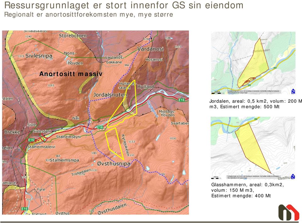 Jordalen, areal: 0,5 km2, volum: 200 M m3, Estimert mengde: 500