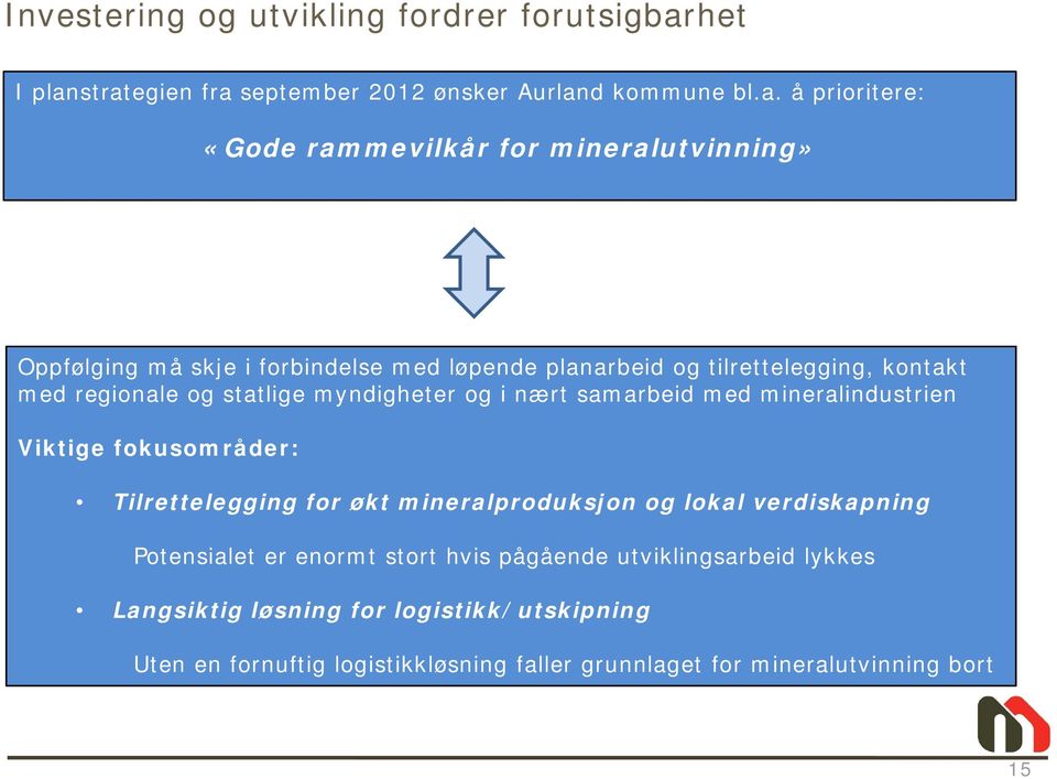 strategien fra september 2012 ønsker Aurland kommune bl.a. å prioritere: «Gode rammevilkår for mineralutvinning» Oppfølging må skje i forbindelse med