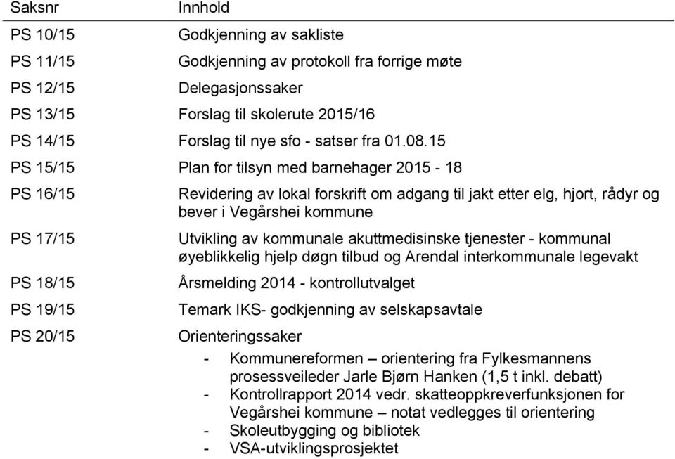 15 PS 15/15 Plan for tilsyn med barnehager 2015-18 PS 16/15 PS 17/15 PS 18/15 PS 19/15 PS 20/15 Revidering av lokal forskrift om adgang til jakt etter elg, hjort, rådyr og bever i Vegårshei kommune