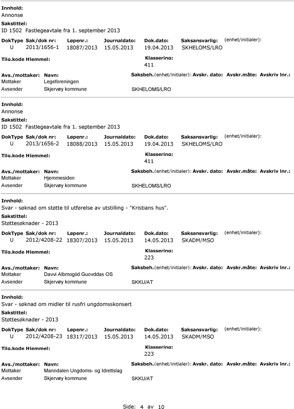 : Mottaker Hjemmesiden Svar - søknad om støtte til utførelse av utstilling - "Kristians hus". Støttesøknader - 2013 2012/4208-22 18307/2013 14.05.2013 SKADM/MSO 223 Avs./mottaker: Navn: Saksbeh.