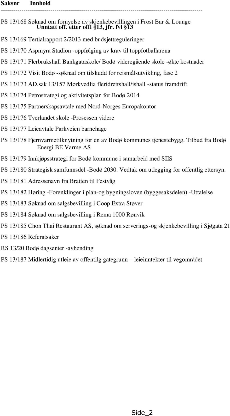 fvl 13 PS 13/169 Tertialrapport 2/2013 med budsjettreguleringer PS 13/170 Aspmyra Stadion -oppfølging av krav til toppfotballarena PS 13/171 Flerbrukshall Bankgataskole/ Bodø videregående skole -økte