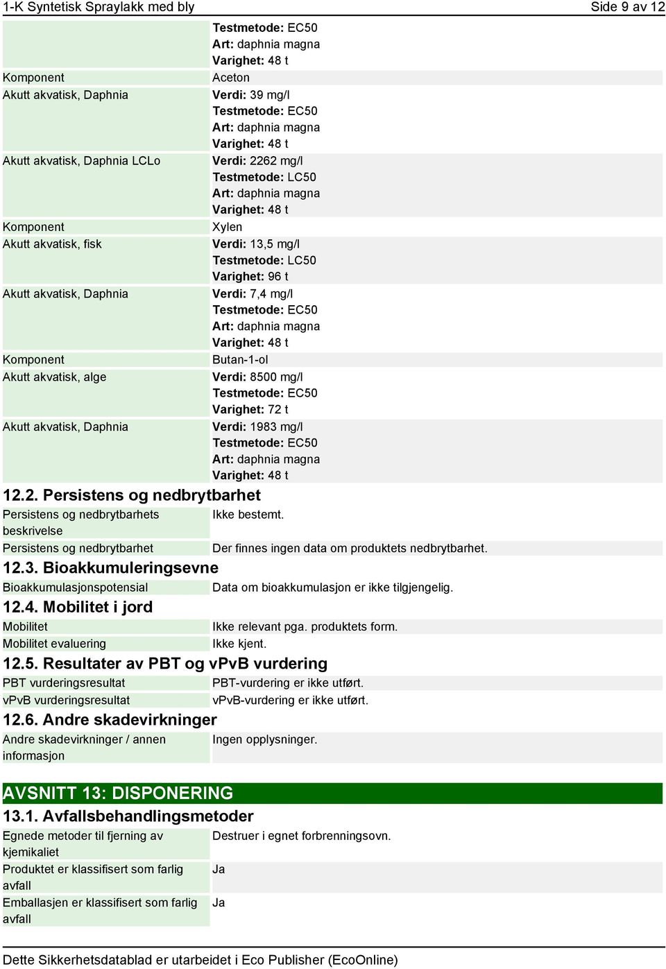 2. Persistens og nedbrytbarhet Persistens og nedbrytbarhets beskrivelse Persistens og nedbrytbarhet Testmetode: EC50 Art: daphnia magna Varighet: 48 t Aceton Verdi: 39 mg/l Testmetode: EC50 Art: