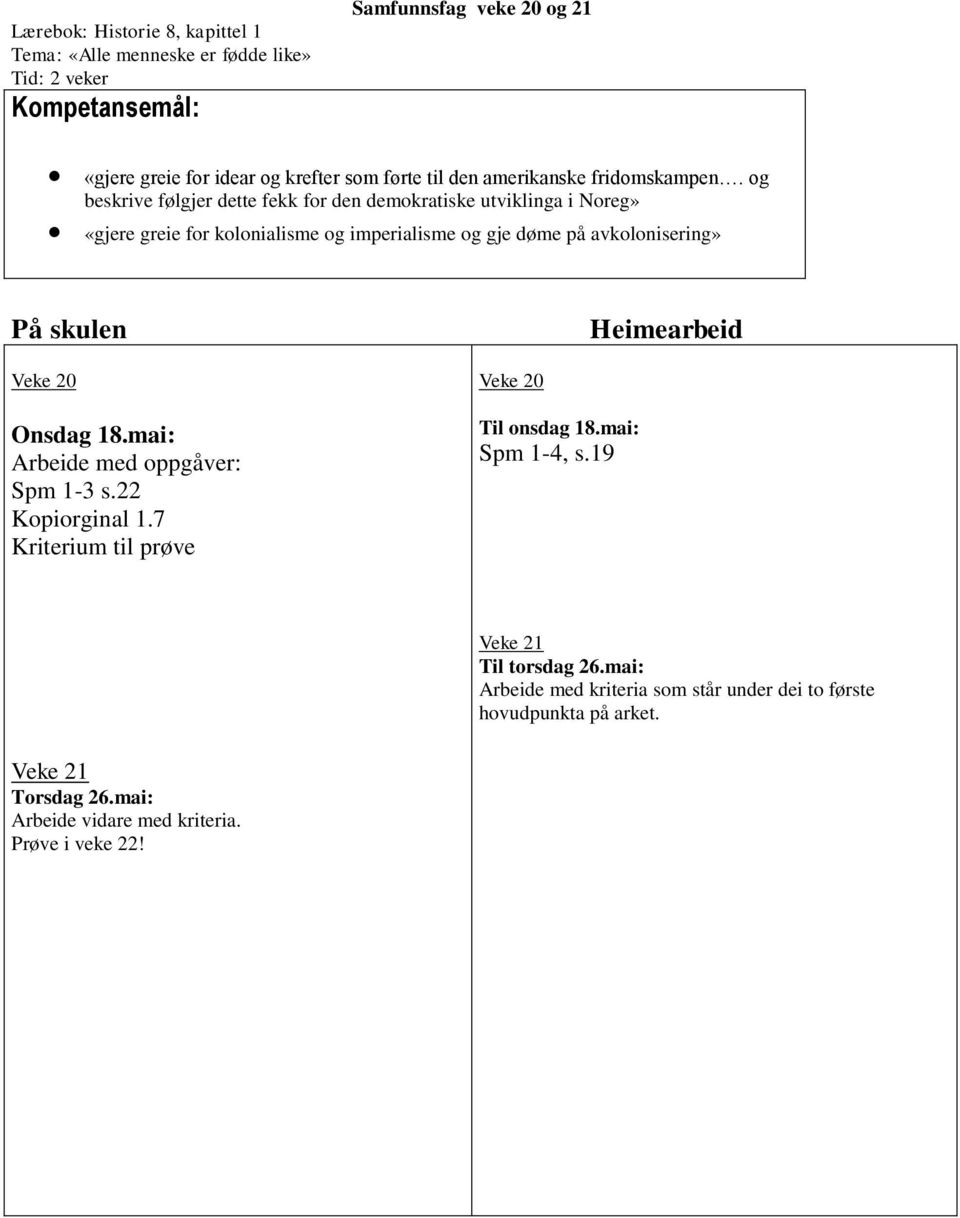 og beskrive følgjer dette fekk for den demokratiske utviklinga i Noreg» «gjere greie for kolonialisme og imperialisme og gje døme på avkolonisering» På skulen