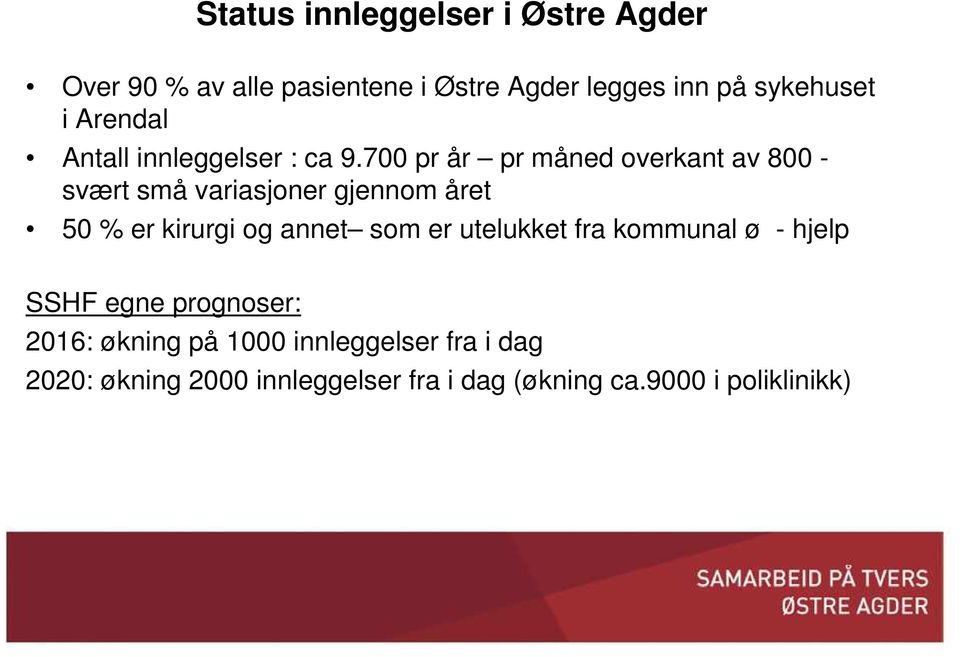 700 pr år pr måned overkant av 800 - svært små variasjoner gjennom året 50 % er kirurgi og annet som