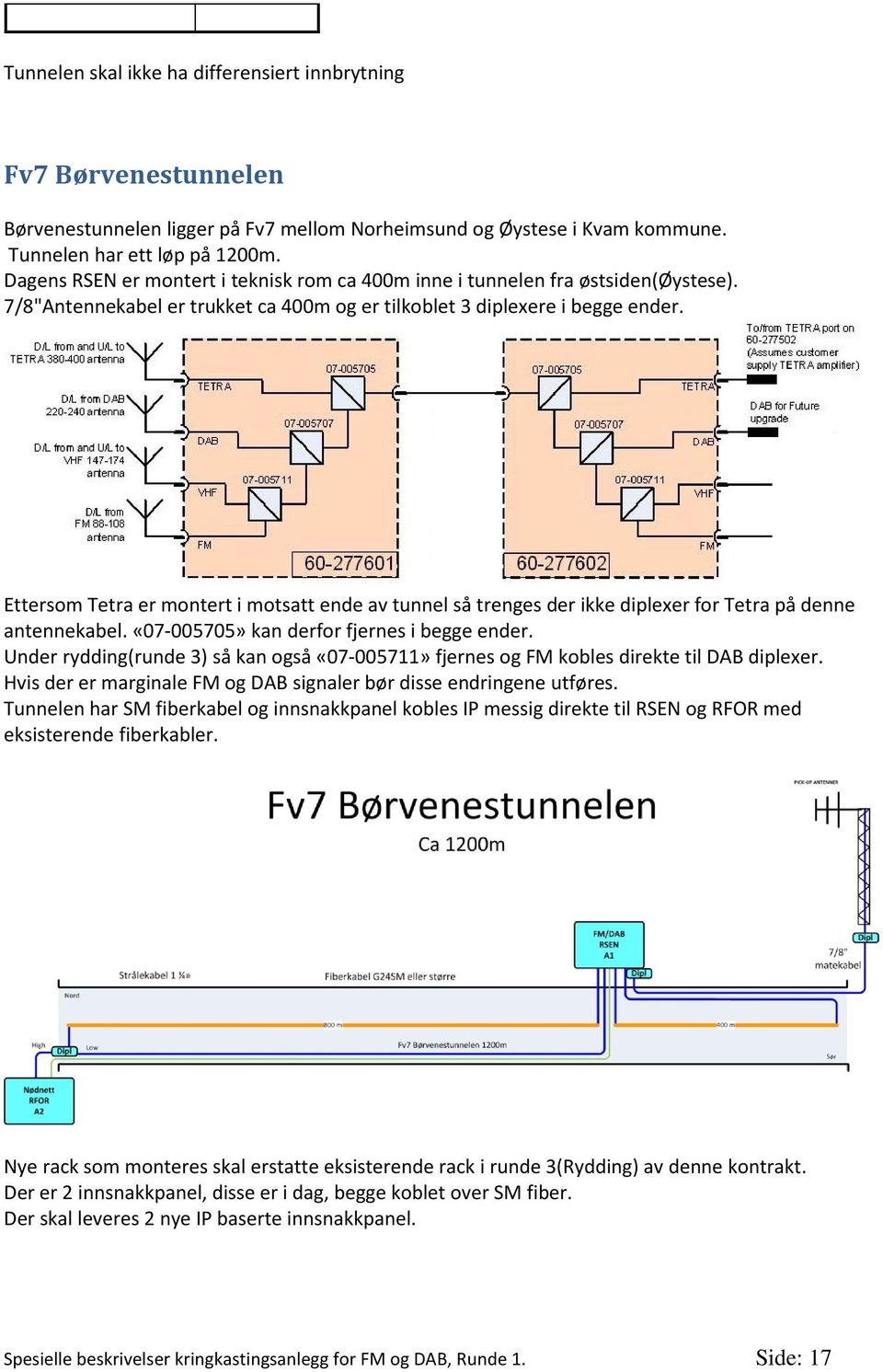 Ettersom Tetra er montert i motsatt ende av tunnel så trenges der ikke diplexer for Tetra på denne antennekabel. «07-005705» kan derfor fjernes i begge ender.