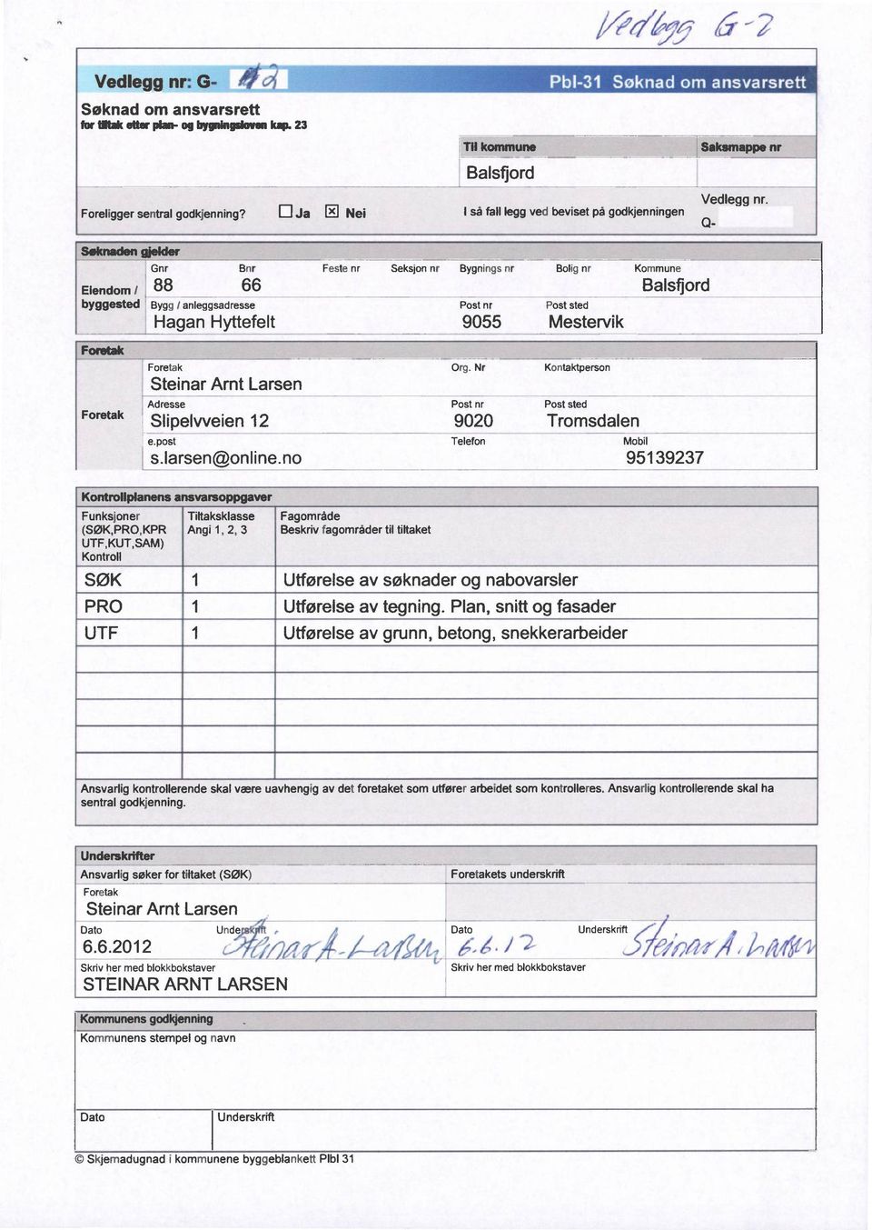 Hagan Hyttefelt 9055 Mestervik Steinar Arnt Larsen Adresse Slipelvveien 12 e.post s.larsen@online.