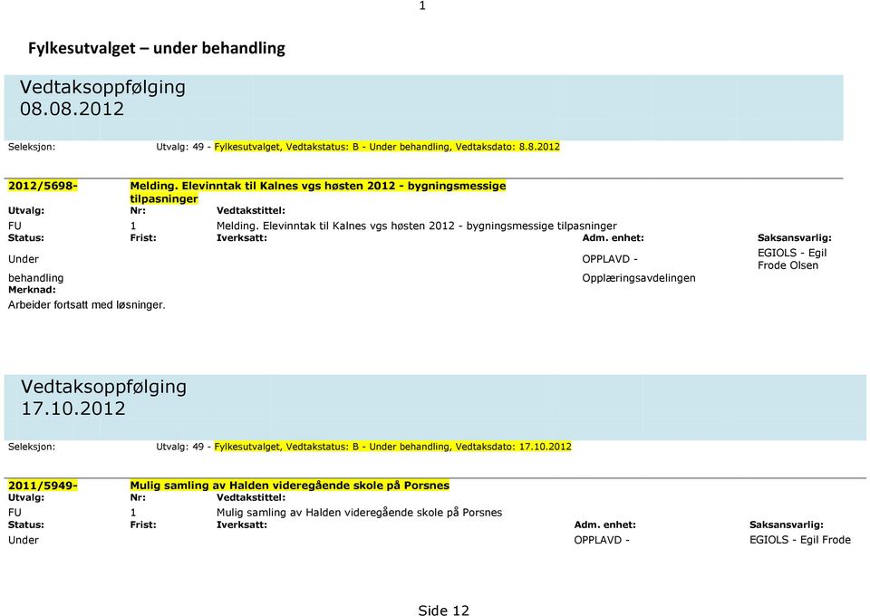 Elevinntak til Kalnes vgs høsten 2012 - bygningsmessige tilpasninger Status: Frist: Iverksatt: Adm. enhet: Saksansvarlig: Under OPPLAVD - behandling Merknad: Arbeider fortsatt med løsninger.