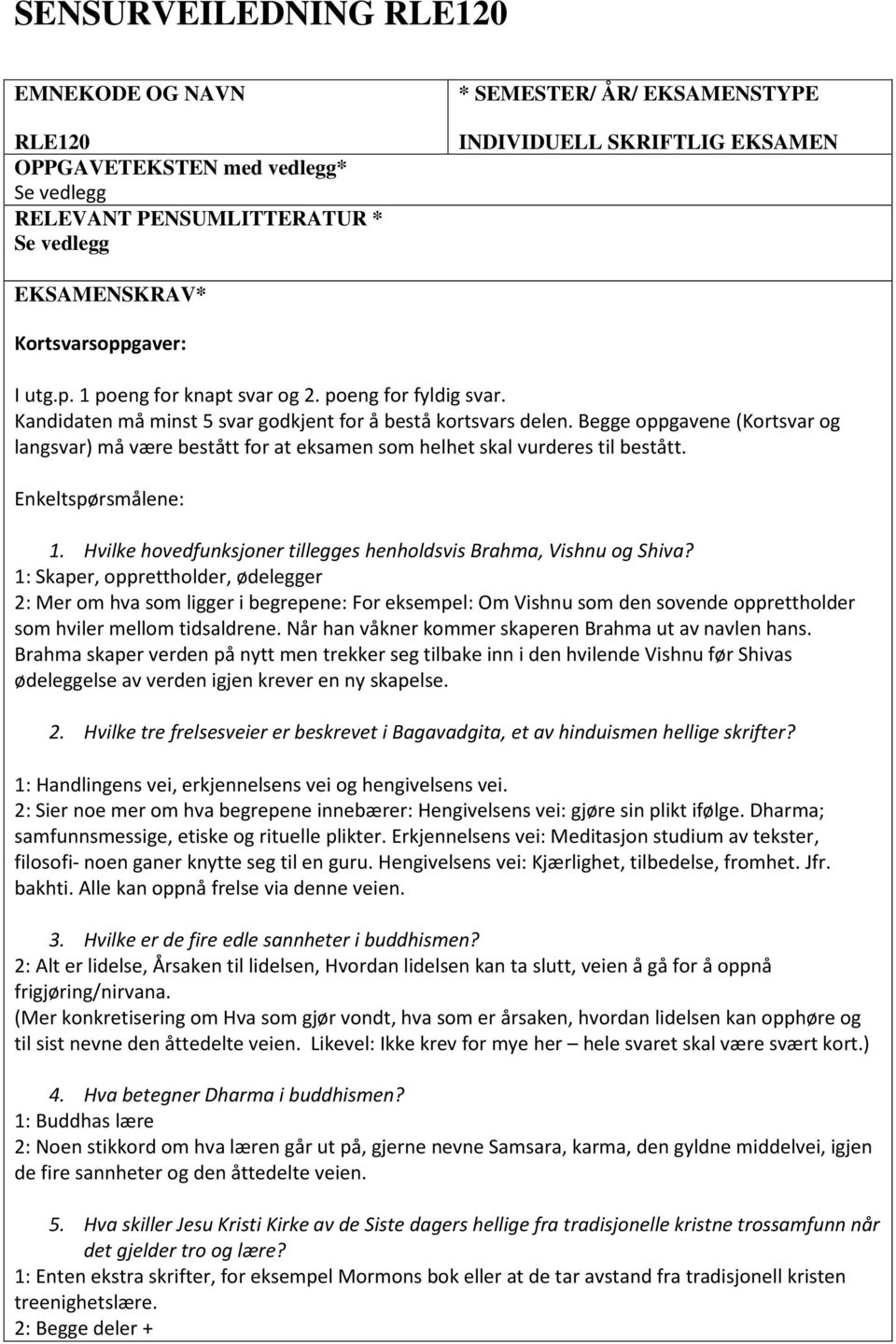 Begge oppgavene (Kortsvar og langsvar) må være bestått for at eksamen som helhet skal vurderes til bestått. Enkeltspørsmålene: 1. Hvilke hovedfunksjoner tillegges henholdsvis Brahma, Vishnu og Shiva?