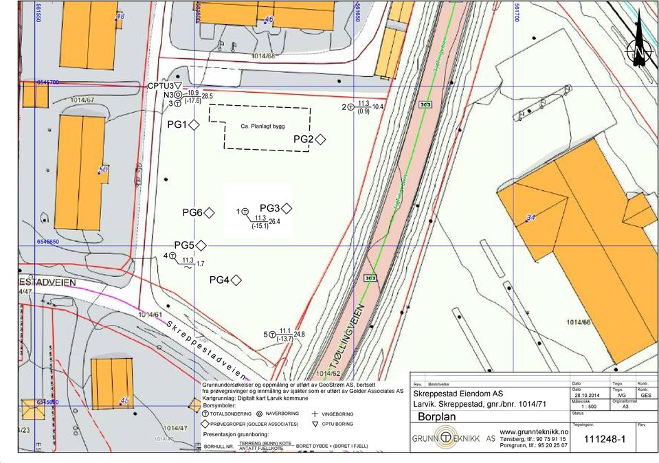 8 Grunnundersøkelser og oppmåling er utført av GeoStrøm AS, bortsett fra prøvegravinger og innmåling av sjakter som er utført av Golder Associates AS Kartgrunnlag: Digitalt kart Larvik kommune