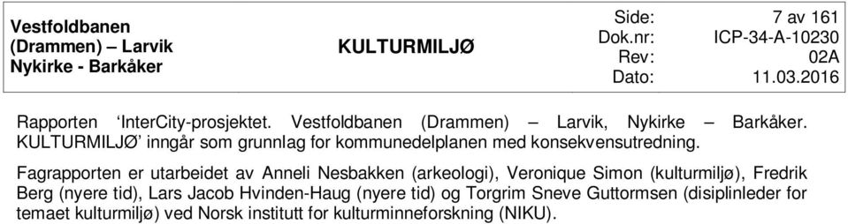 Fagrapporten er utarbeidet av Anneli Nesbakken (arkeologi), Veronique Simon (kulturmiljø), Fredrik