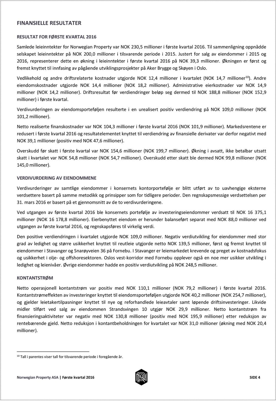 Justert for salg av eiendommer i 2015 og 2016, representerer dette en økning i leieinntekter i første kvartal 2016 på NOK 39,3 millioner.