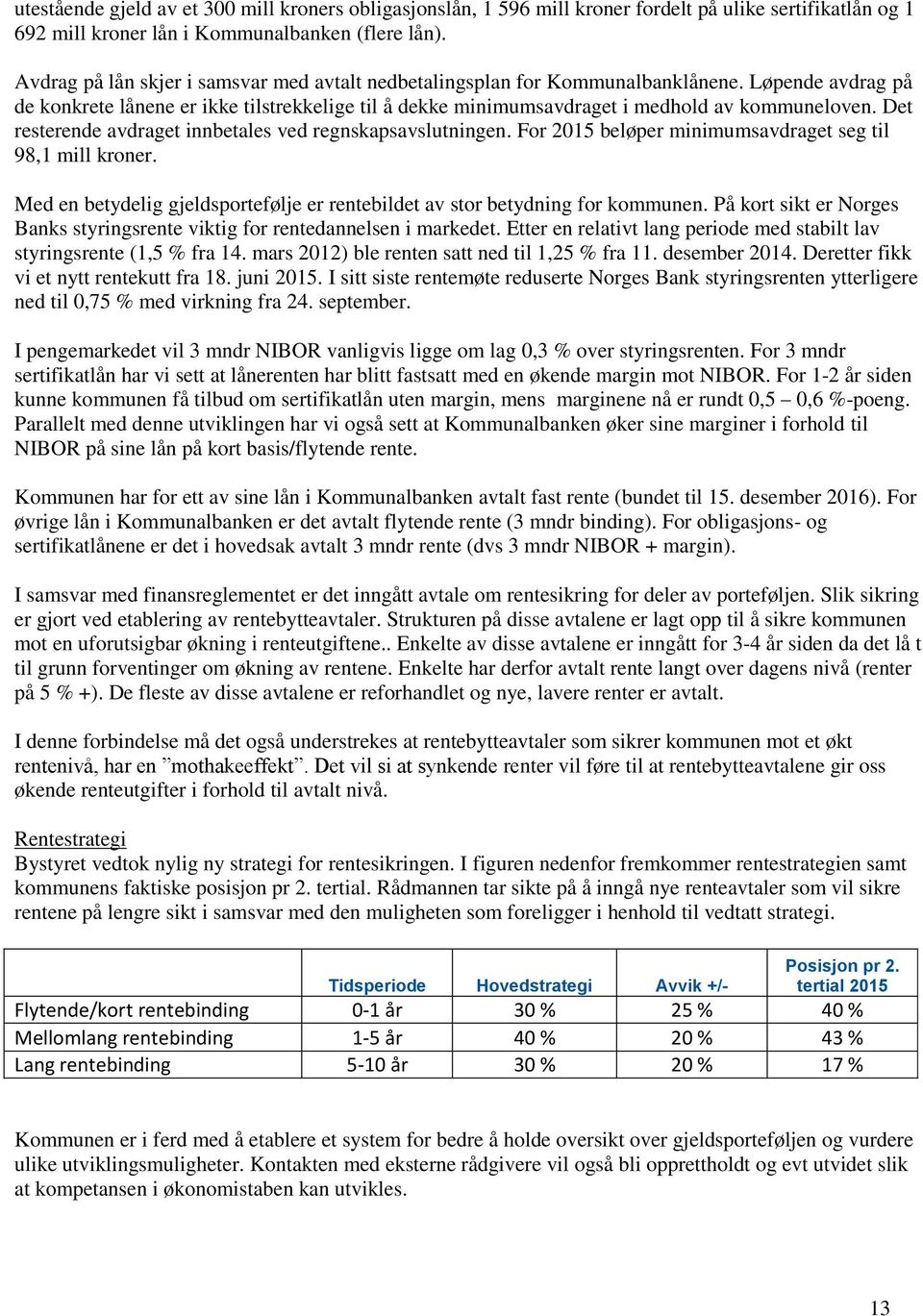 Det resterende avdraget innbetales ved regnskapsavslutningen. For 2015 beløper minimumsavdraget seg til 98,1 mill kroner.