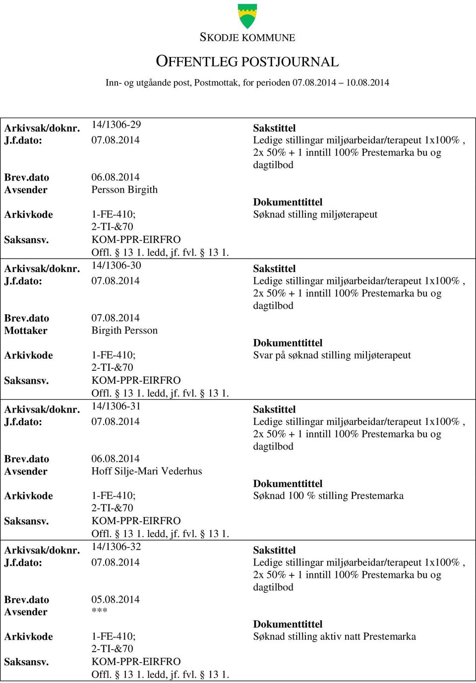 2014 Ledige stillingar miljøarbeidar/terapeut 1x100%, Mottaker Birgith Persson 1-FE-410; Svar på søknad stilling miljøterapeut KOM-PPR-EIRFRO Arkivsak/doknr. 14/1306-31 Sakstittel J.f.dato: 07.08.