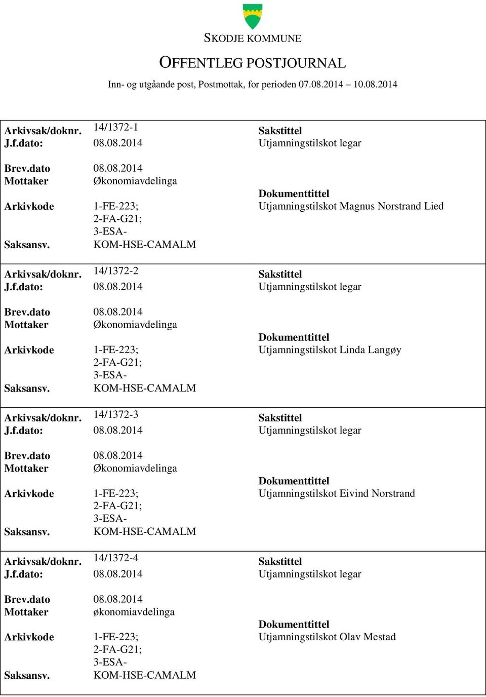 dato: 08.08.2014 Utjamningstilskot legar Mottaker Økonomiavdelinga 1-FE-223; Utjamningstilskot Linda Langøy Arkivsak/doknr. 14/1372-3 Sakstittel J.f.