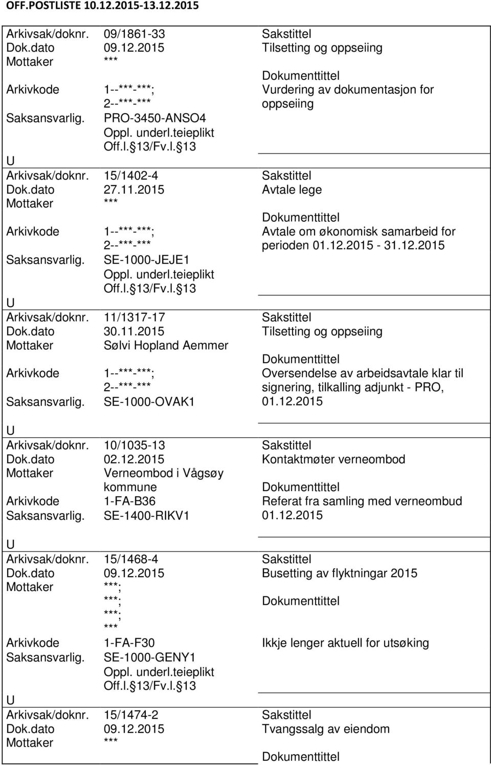 11.2015 Tilsetting og oppseiing Sølvi Hopland Aemmer 1--***-***; SE-1000-OVAK1 Oversendelse av arbeidsavtale klar til signering, tilkalling adjunkt - PRO, 01.12.2015 Arkivsak/doknr.