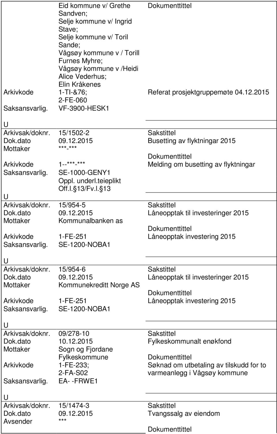 15/954-5 Sakstittel Dok.dato 09.12.2015 Låneopptak til investeringer 2015 Kommunalbanken as 1-FE-251 Låneopptak investering 2015 SE-1200-NOBA1 Arkivsak/doknr. 15/954-6 Sakstittel Dok.dato 09.12.2015 Låneopptak til investeringer 2015 Kommunekreditt Norge AS 1-FE-251 Låneopptak investering 2015 SE-1200-NOBA1 Arkivsak/doknr.