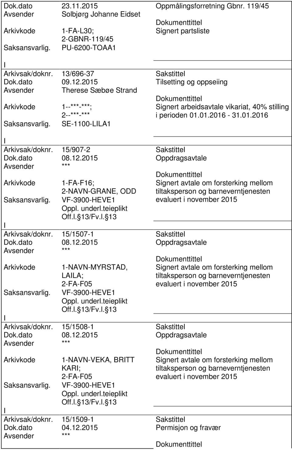 2015 Oppdragsavtale 1-FA-F16; 2-NAVN-GRANE, ODD VF-3900-HEVE1 Arkivsak/doknr. 15/1507-1 Sakstittel Dok.dato 08.12.2015 Oppdragsavtale 1-NAVN-MYRSTAD, LALA; 2-FA-F05 VF-3900-HEVE1 Arkivsak/doknr.