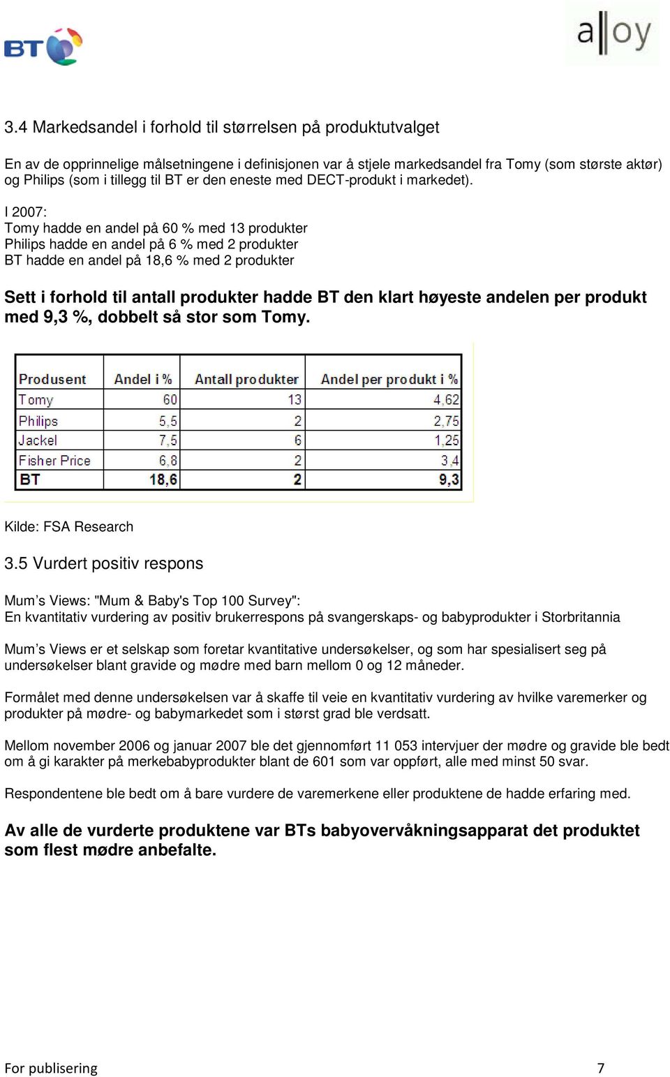 I 2007: Tomy hadde en andel på 60 % med 13 produkter Philips hadde en andel på 6 % med 2 produkter BT hadde en andel på 18,6 % med 2 produkter Sett i forhold til antall produkter hadde BT den klart