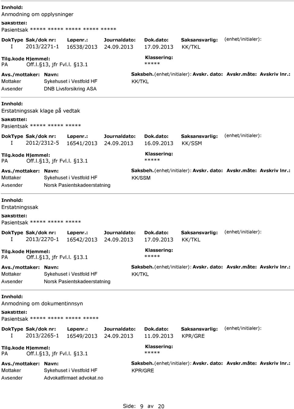 2013 KK/SSM KK/SSM Norsk Pasientskadeerstatning Erstatningssak Pasientsak 2013/2270-1 16542/2013 17.09.