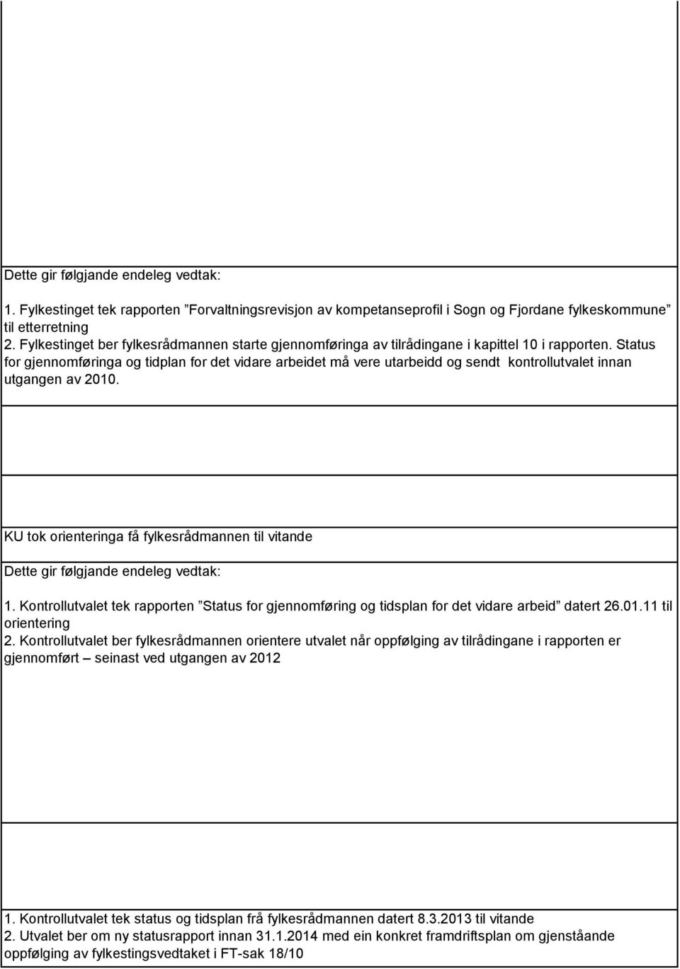 Status for gjennomføringa og tidplan for det vidare arbeidet må vere utarbeidd og sendt kontrollutvalet innan utgangen av 2010.