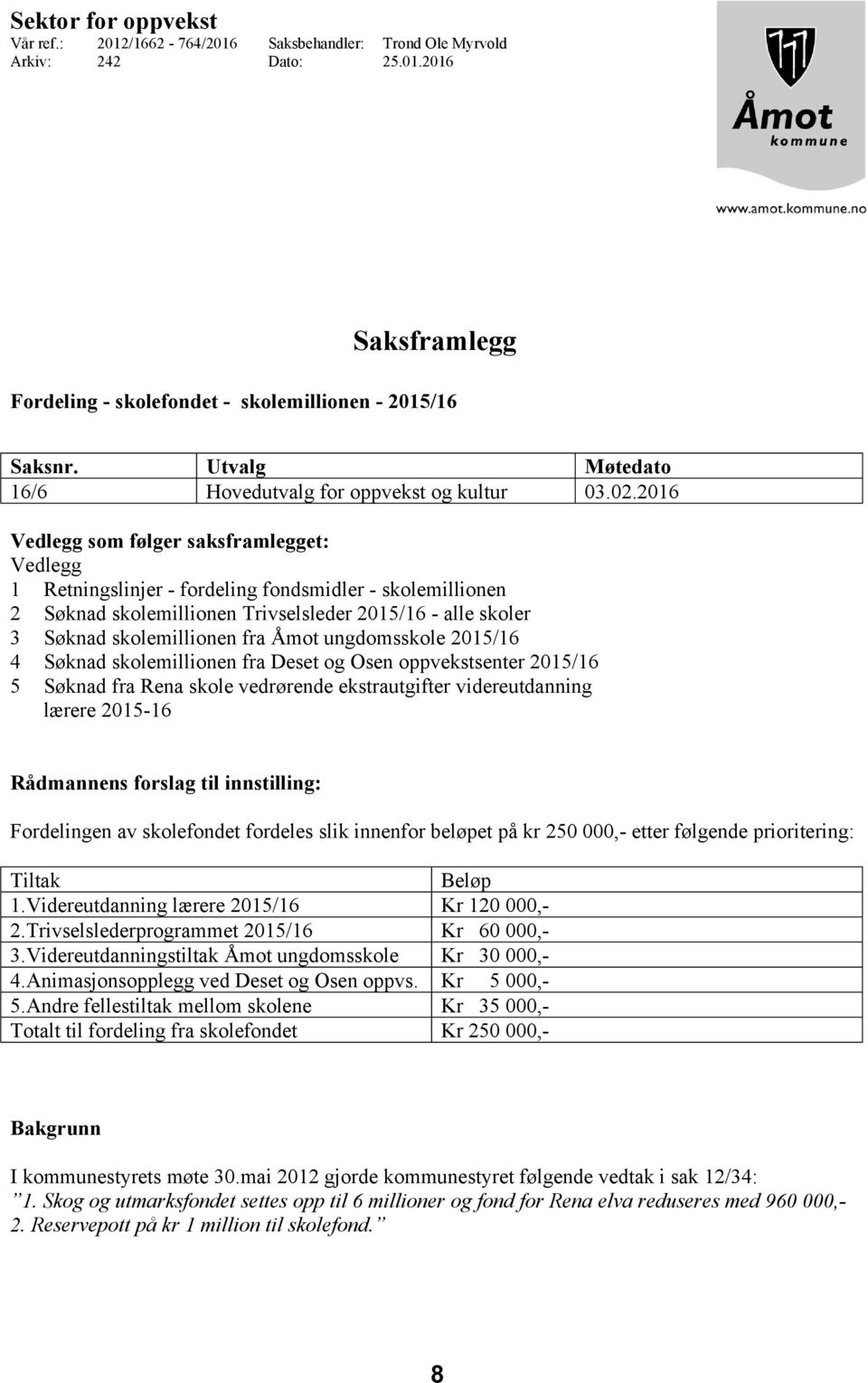 2016 Vedlegg som følger saksframlegget: Vedlegg 1 Retningslinjer - fordeling fondsmidler - skolemillionen 2 Søknad skolemillionen Trivselsleder 2015/16 - alle skoler 3 Søknad skolemillionen fra Åmot