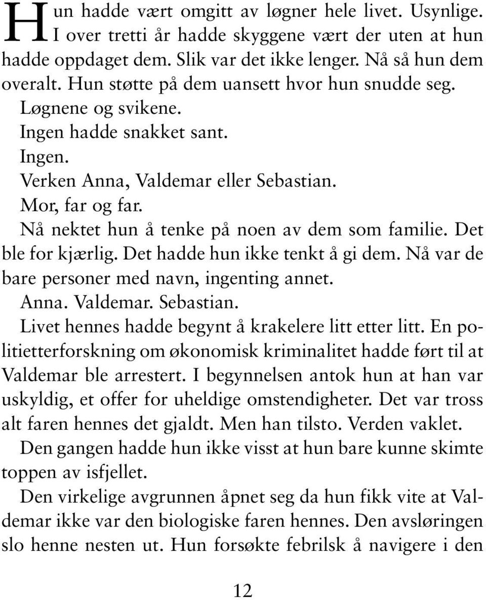 Nå nektet hun å tenke på noen av dem som familie. Det ble for kjærlig. Det hadde hun ikke tenkt å gi dem. Nå var de bare personer med navn, ingenting annet. Anna. Valdemar. Sebastian.