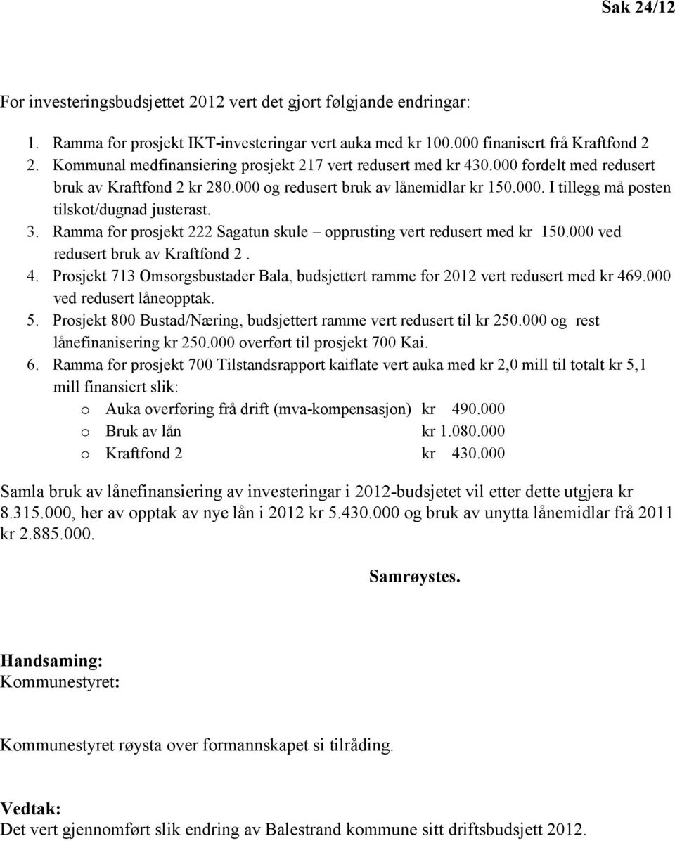 3. Ramma for prosjekt 222 Sagatun skule opprusting vert redusert med kr 150.000 ved redusert bruk av Kraftfond 2. 4.