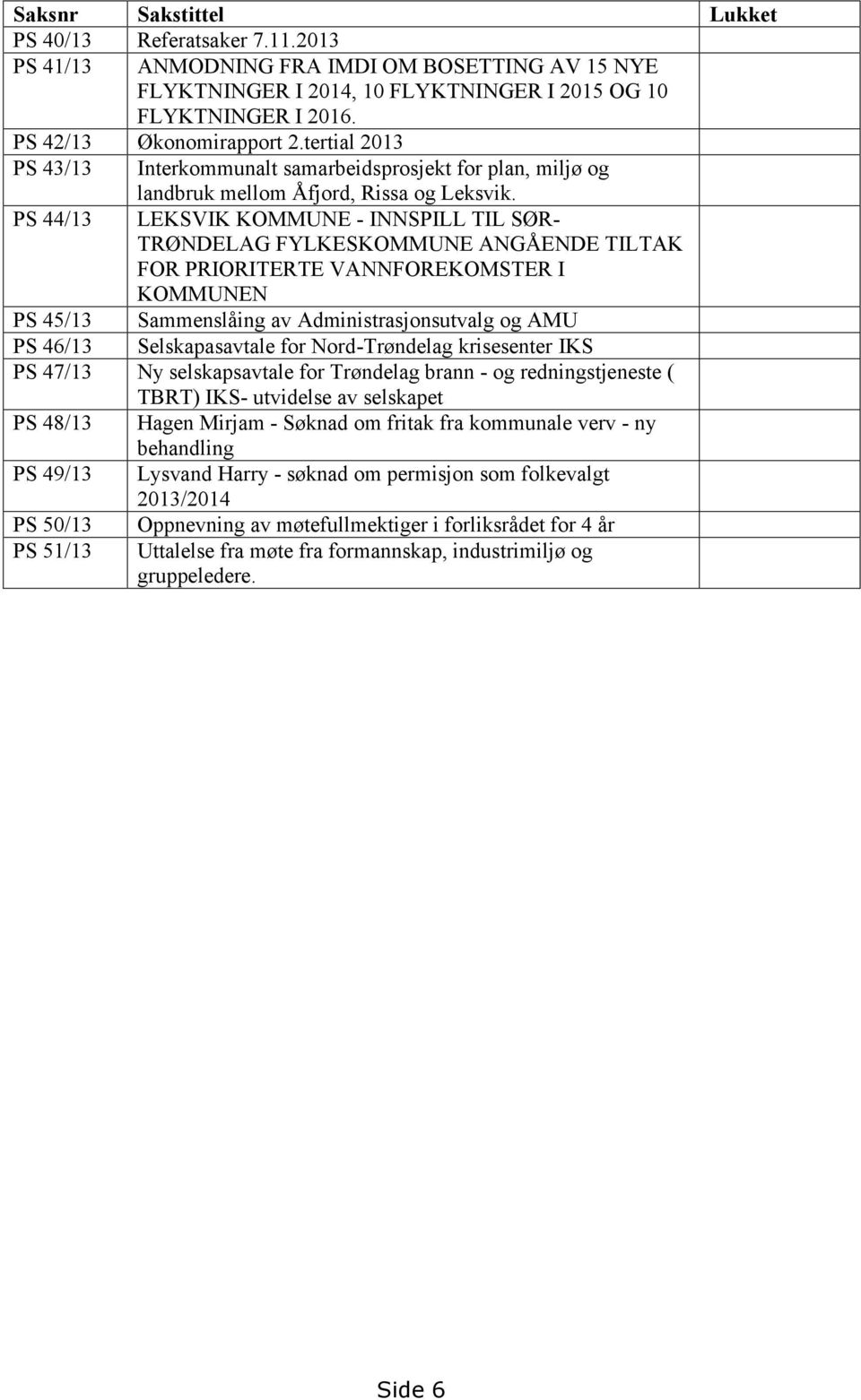 PS 44/13 LEKSVIK KOMMUNE - INNSPILL TIL SØR- TRØNDELAG FYLKESKOMMUNE ANGÅENDE TILTAK FOR PRIORITERTE VANNFOREKOMSTER I KOMMUNEN PS 45/13 Sammenslåing av Administrasjonsutvalg og AMU PS 46/13