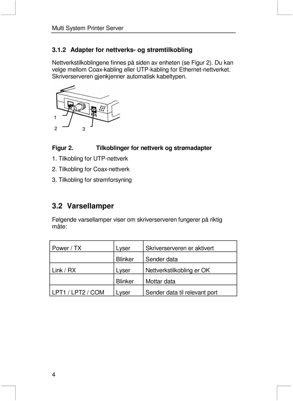 Tilkoblinger for nettverk og strømadapter 1. Tilkobling for UTP-nettverk 2. Tilkobling for Coax-nettverk 3. Tilkobling for strømforsyning 3.