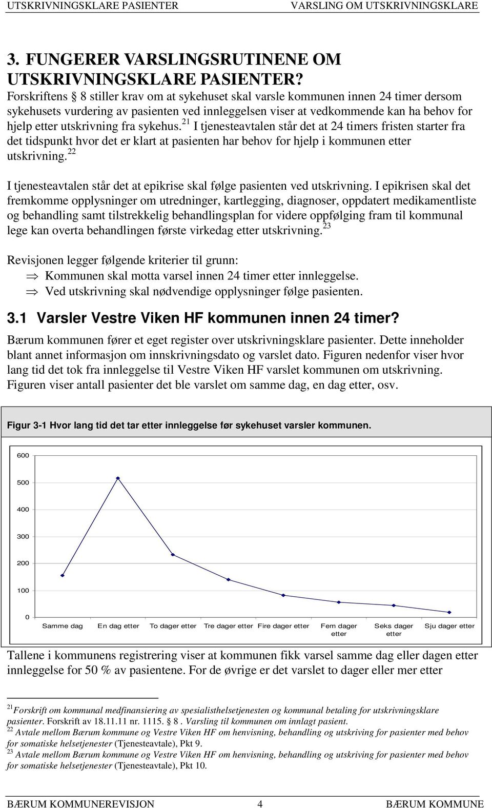 fra sykehus. 21 I tjenesteavtalen står det at 24 timers fristen starter fra det tidspunkt hvor det er klart at pasienten har behov for hjelp i kommunen etter utskrivning.