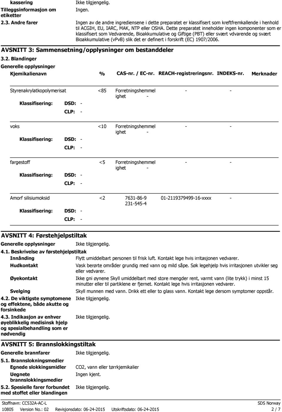 forskrift (EC) 1907/2006. AVSNITT 3: Sammensetning/opplysninger om bestanddeler 3.2. Blandinger Generelle opplysninger Kjemikalienavn % CASnr. / ECnr. REACHregistreringsnr. INDEKSnr.