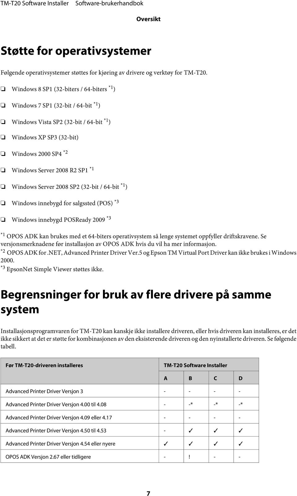 Server 2008 SP2 (32-bit / 64-bit *1 ) Windows innebygd for salgssted (POS) *3 Windows innebygd POSReady 2009 *3 *1 OPOS ADK kan brukes med et 64-biters operativsystem så lenge systemet oppfyller