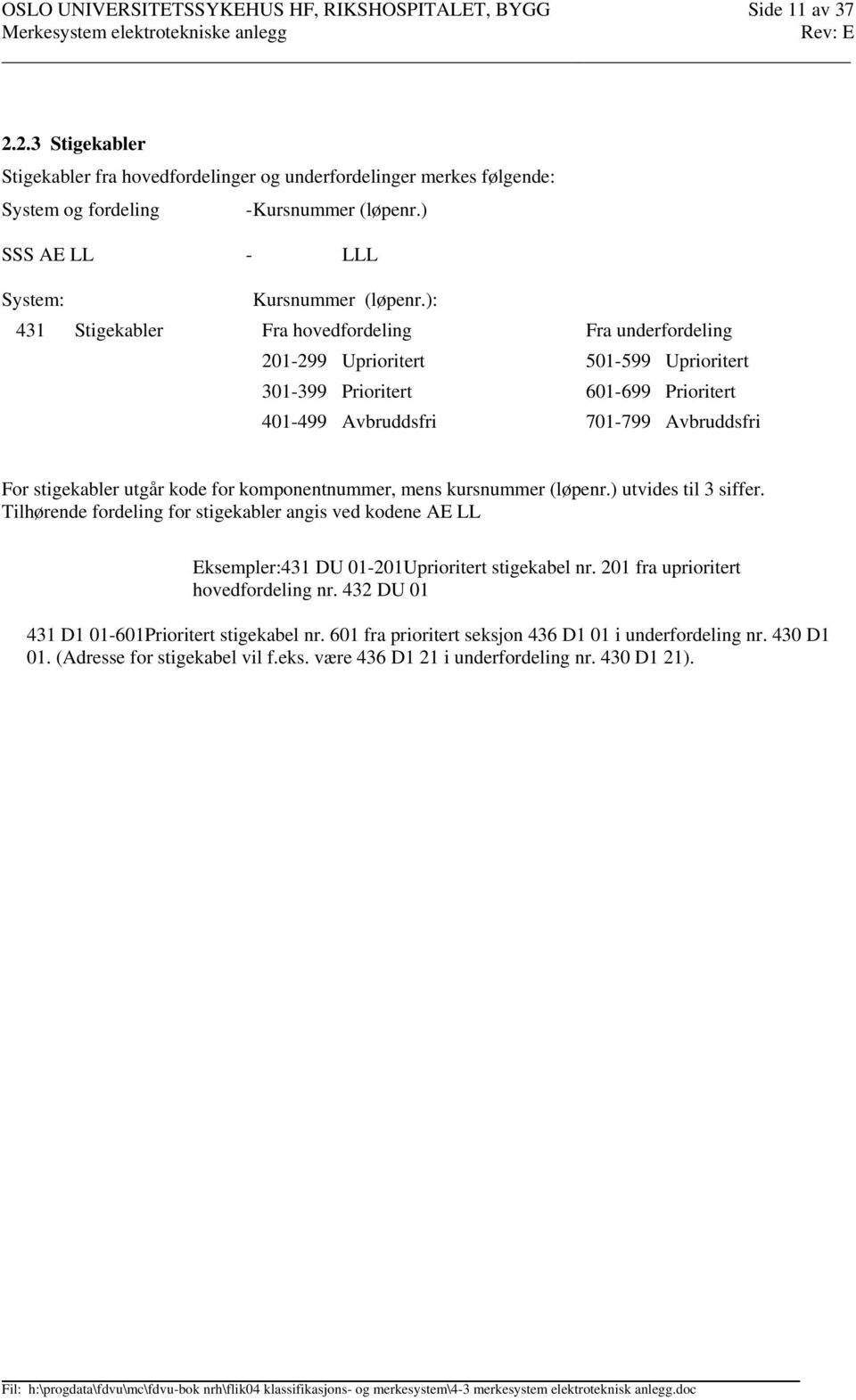 ): 431 Stigekabler Fra hovedfordeling Fra underfordeling 201-299 Uprioritert 501-599 Uprioritert 301-399 Prioritert 601-699 Prioritert 401-499 Avbruddsfri 701-799 Avbruddsfri For stigekabler utgår