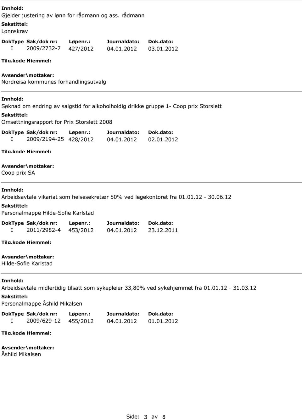 Omsettningsrapport for Prix Storslett 2008 2009/2194-25 428/2012 02.01.2012 Coop prix SA nnhold: Arbeidsavtale vikariat som helsesekretær 50% ved legekontoret fra 01.01.12-30.