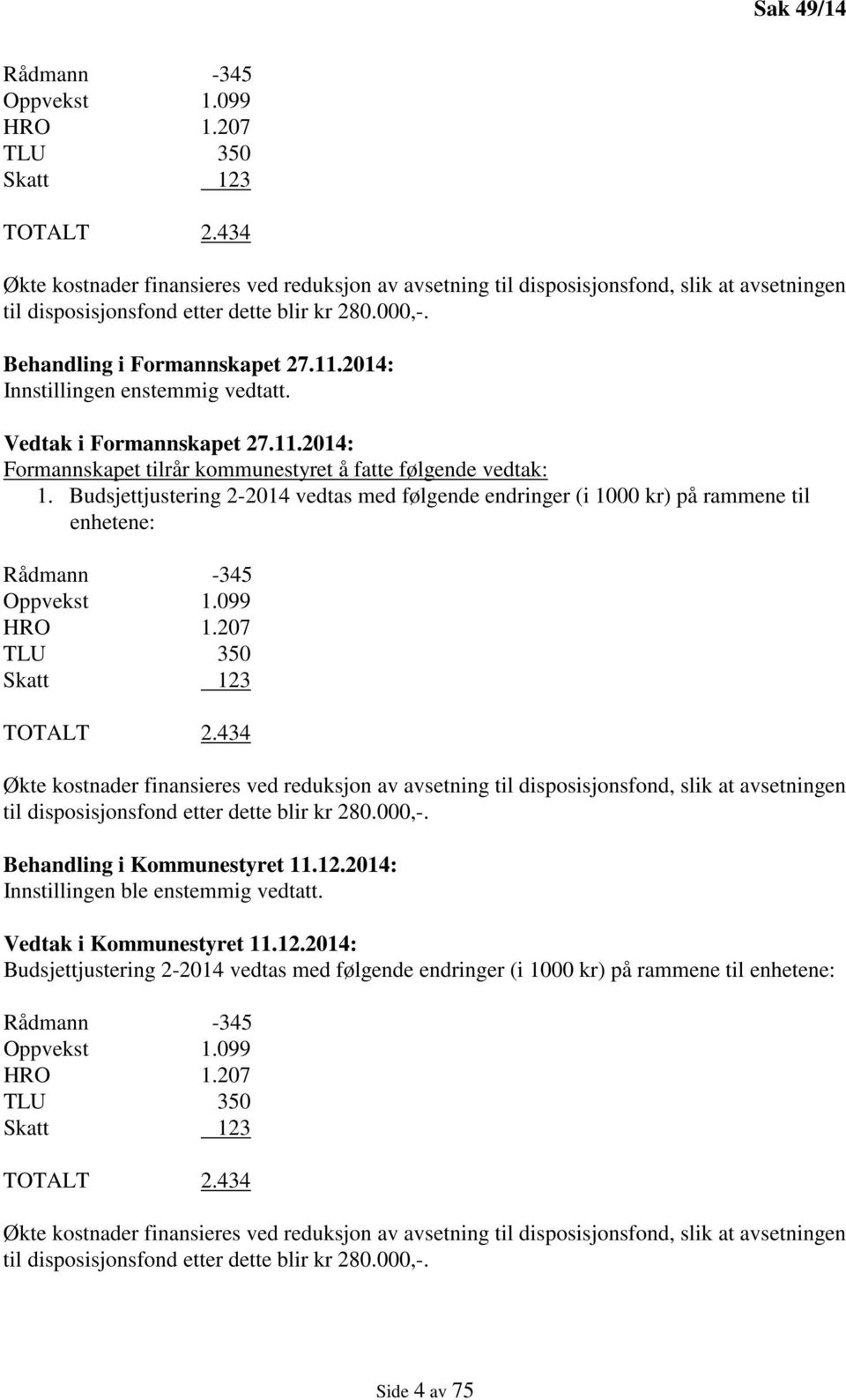 2014: Innstillingen enstemmig vedtatt. Vedtak i Formannskapet 27.11.2014: Formannskapet tilrår kommunestyret å fatte følgende vedtak: 1.