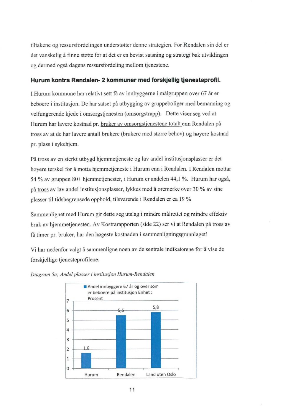 Hurum kontra Rendalen - 2 kommuner med forskjellig tjenesteprofil. I Hurum kommune har relativt sen få av innbyggerne i rnålgruppen over 67 år er beboere i institusjon.