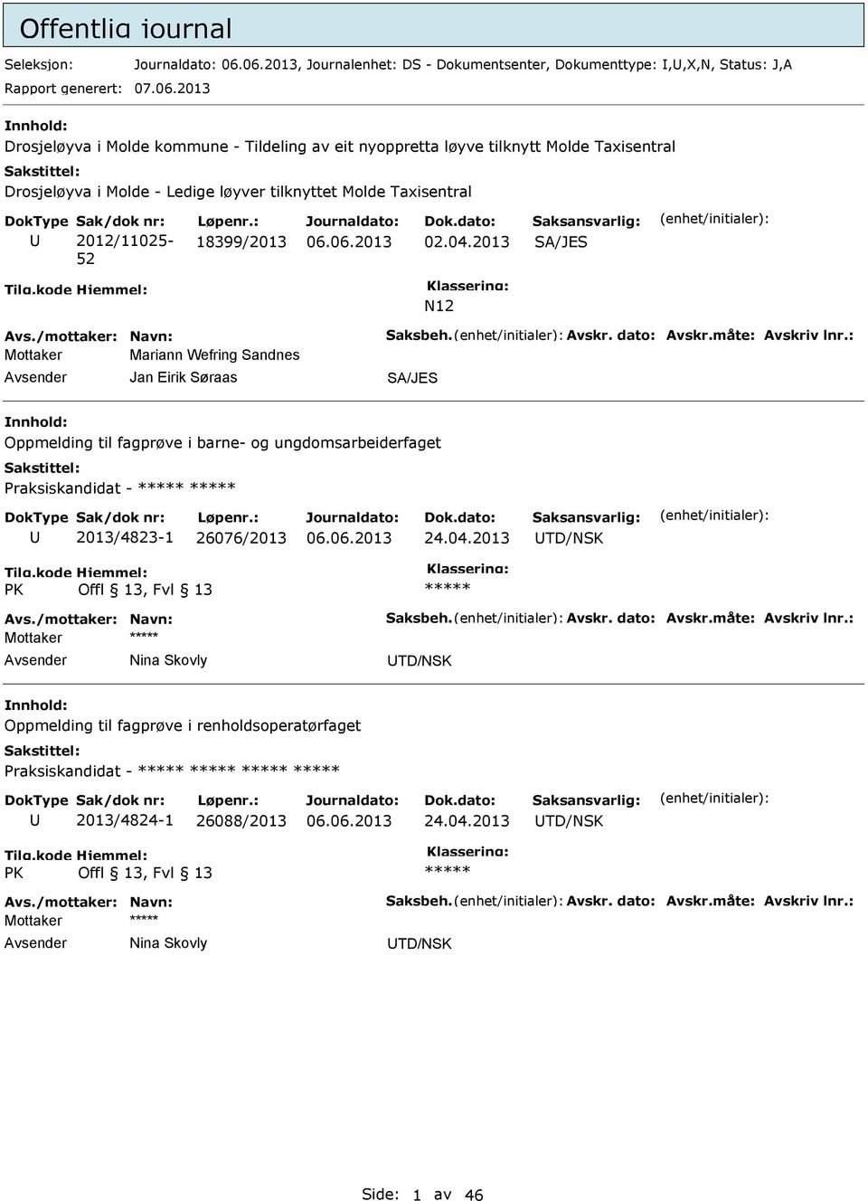 : 18399/2013 02.04.2013 SA/JES N12 Avs./mottaker: Navn: Saksbeh. Avskr. dato: Avskr.måte: Avskriv lnr.