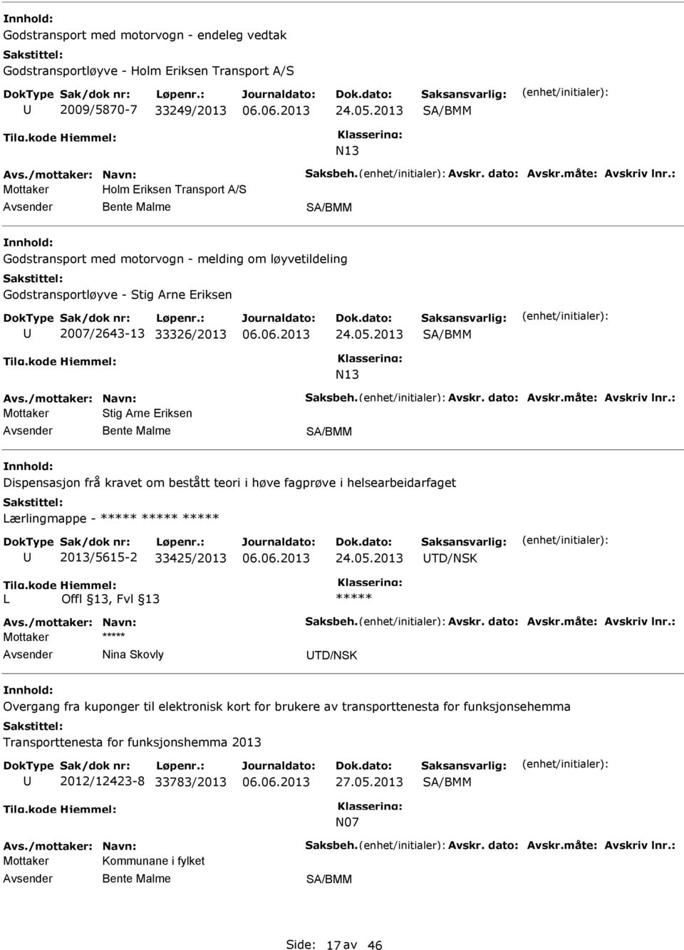 2013 SA/BMM N13 Avs./mottaker: Navn: Saksbeh. Avskr. dato: Avskr.måte: Avskriv lnr.