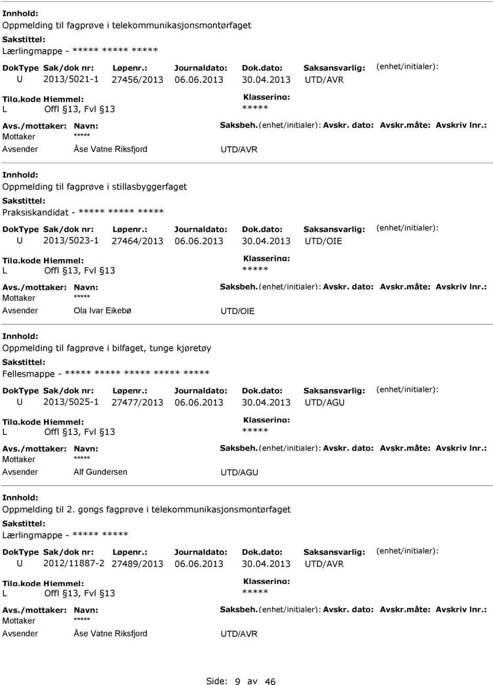 måte: Avskriv lnr.: Mottaker Ola var Eikebø TD/OE Oppmelding til fagprøve i bilfaget, tunge kjøretøy Fellesmappe - 2013/5025-1 27477/2013 30.04.2013 TD/AG Avs./mottaker: Navn: Saksbeh. Avskr. dato: Avskr.